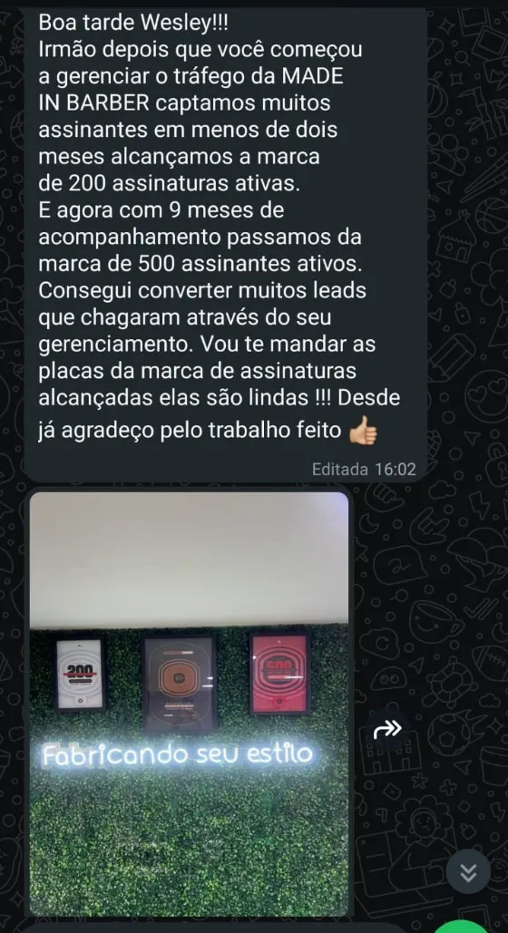 Mensagem da barbearia:de 200 para mais de 500 assinantes ativos