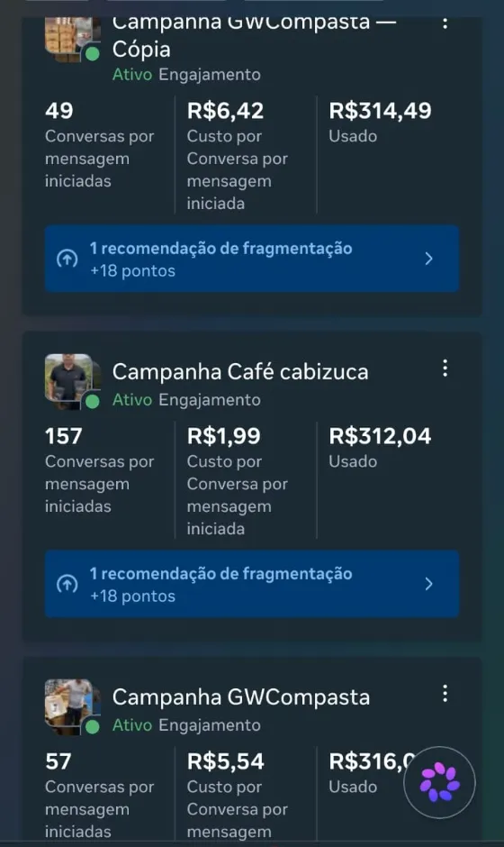 Painel de anúncios com 157 conversas a R$ 1,99